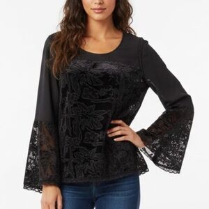 Midnight Velvet Black Burnout Velvet Floral Blouse Bell Sleeve Whimsigoth Top M